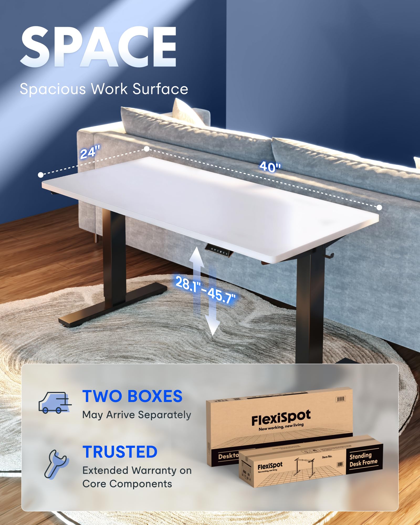 EN1 One-Piece Standing Desk, Electric Adjustable with 4 Memory Presets, 176 LBS Capacity, Stable & Quiet, Seamless Desktop for Home Office & Dual Monitors, 40"x24" White