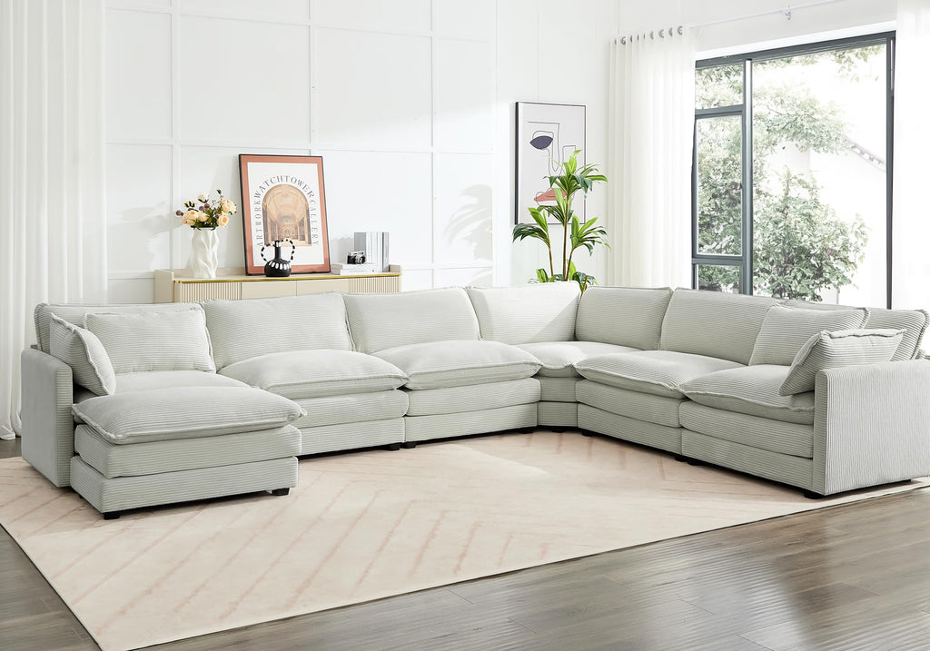 150'' Modular Sectional Corner Cloud Couch, 7 Seater Sofa Big Comfy Corduroy V Shaped Couch with 4 Throw Pillows, Movable Ottoman, Couches for Living Room Office Light Grey