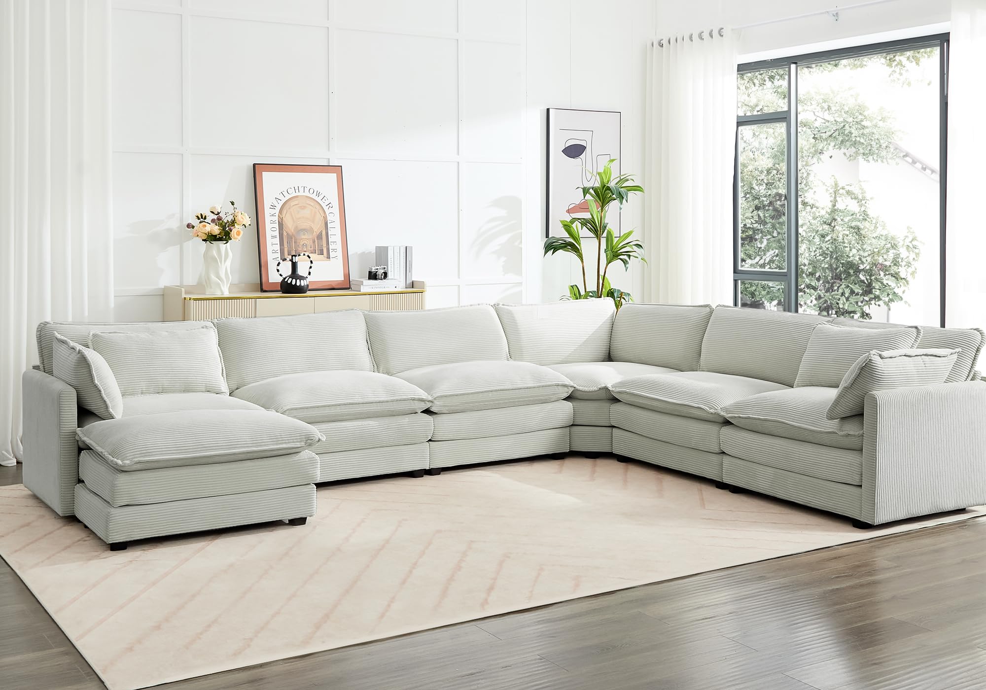 150'' Modular Sectional Corner Cloud Couch, 7 Seater Sofa Big Comfy Corduroy V Shaped Couch with 4 Throw Pillows, Movable Ottoman, Couches for Living Room Office Light Grey