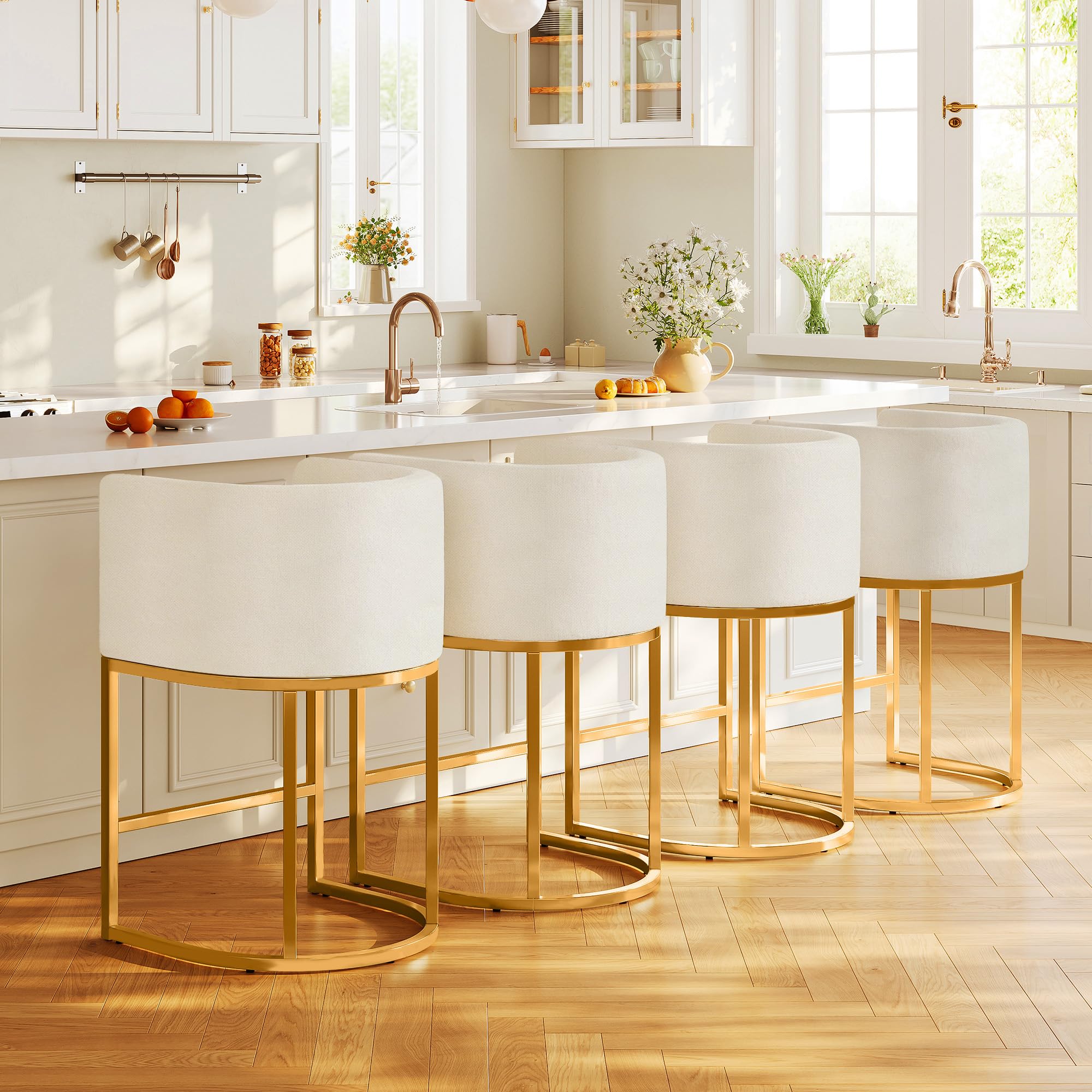 Modern Counter Height Bar Stools,Bar Stools Set of 4,Fabric Upholstered Barrel Barstools with Backs,26'' Kitchen Island Chairs,Metal Gold Frames,Off White Linen