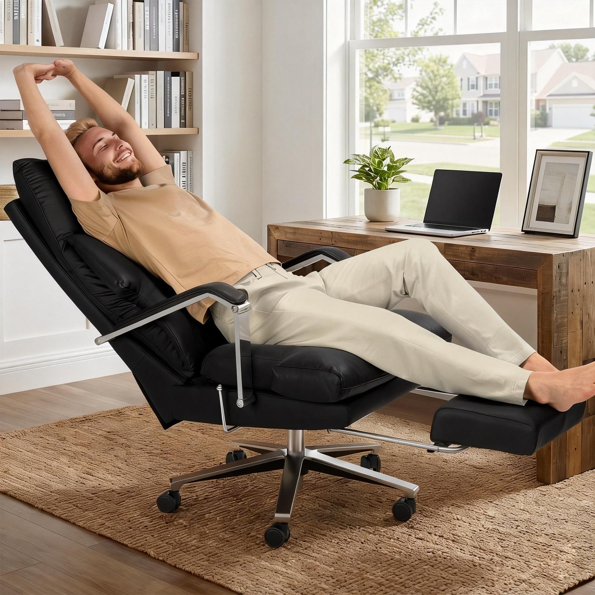 160° Reclining Office Chair with Footrest, 10" Thick Cloud Cushion Executive Desk Chair, Extra Wide Cross-Legged Ergonomic Chair for Big and Tall, Adjustable Seat Depth, Easy Assembly, Black