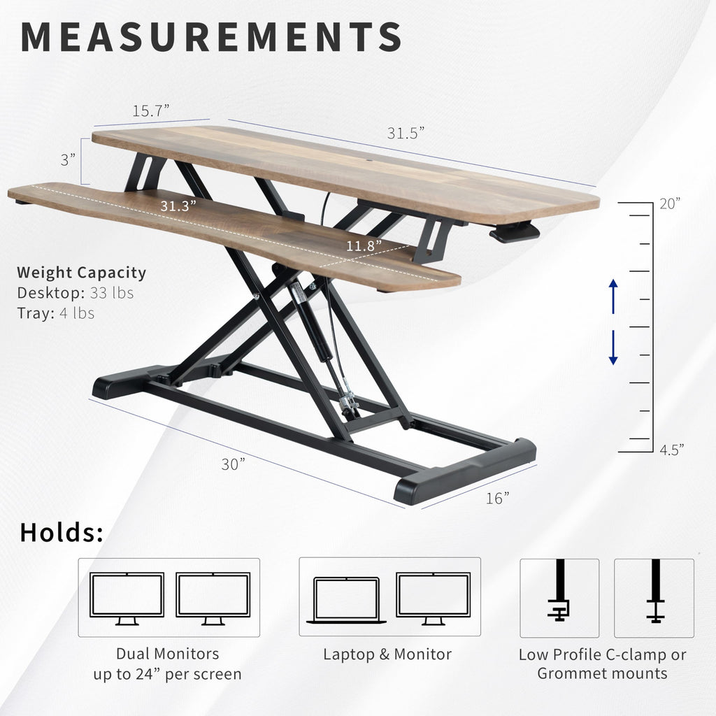 32 inch Desk Converter, K Series, Height Adjustable Sit to Stand Riser, Dual Monitor and Laptop Workstation with Wide Keyboard Tray, Reclaimed Wood Top, Black Frame, DESK-V000KP