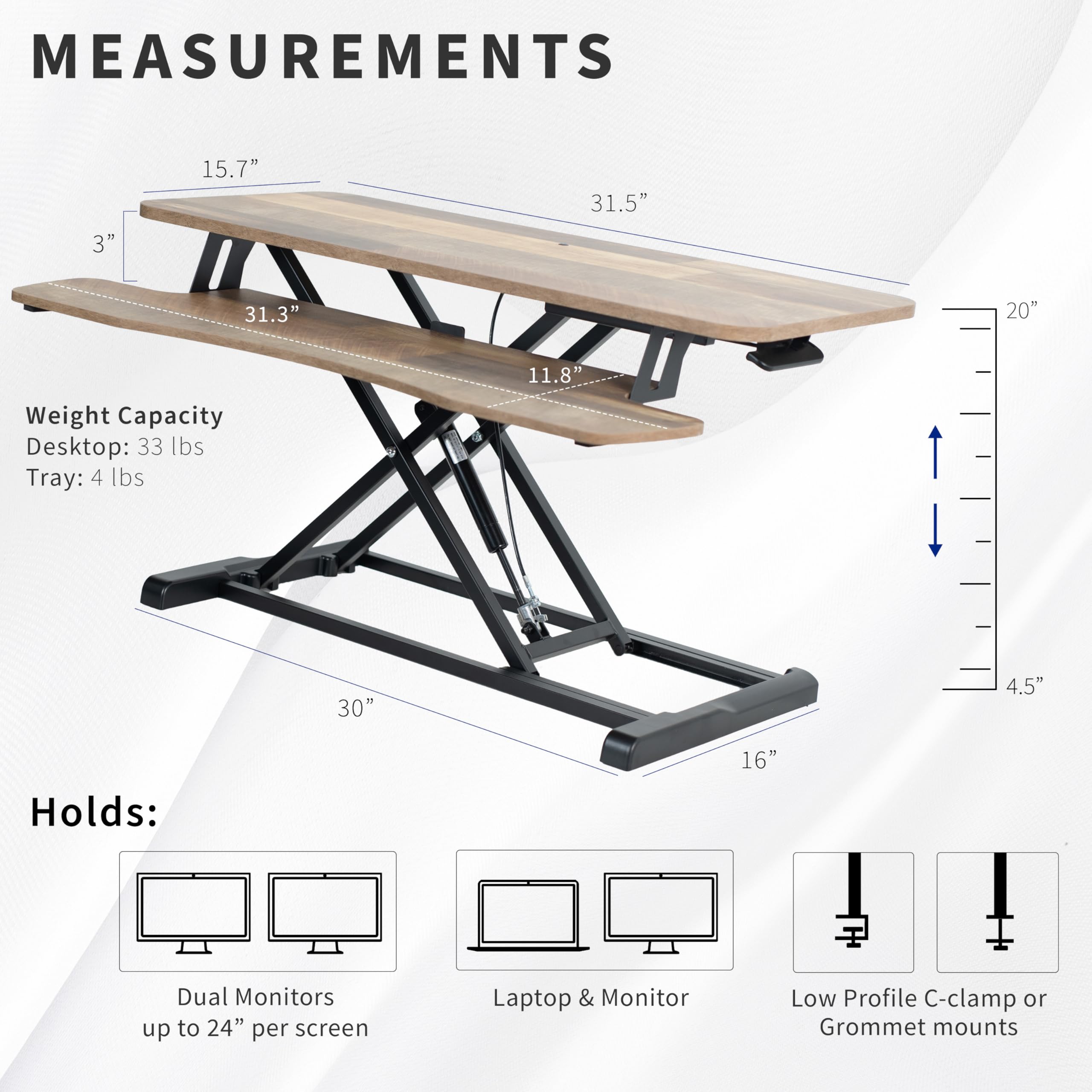 32 inch Desk Converter, K Series, Height Adjustable Sit to Stand Riser, Dual Monitor and Laptop Workstation with Wide Keyboard Tray, Reclaimed Wood Top, Black Frame, DESK-V000KP