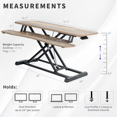 32 inch Desk Converter, K Series, Height Adjustable Sit to Stand Riser, Dual Monitor and Laptop Workstation with Wide Keyboard Tray, Reclaimed Wood Top, Black Frame, DESK-V000KP