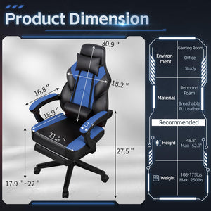 Gaming Chairs for Adults, Computer Chair with Footrest and Ergonomic High Back, Big and Tall Gamer Chairs with Massage Lumbar Support, 360° Swivel Height Adjustable Gaming Chair, Blue