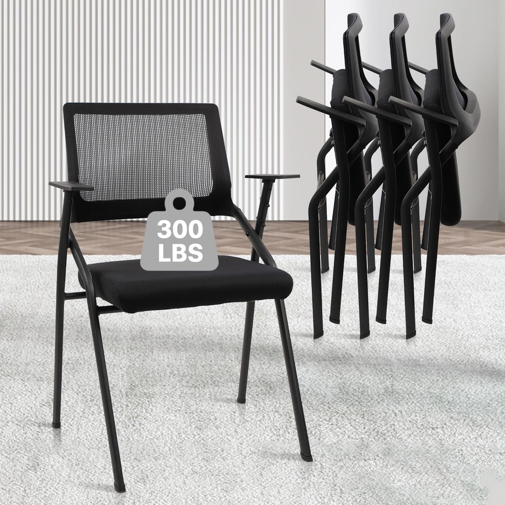Black (4pk), Stackable & Foldable Office Chairs with Ergonomic Lumbar Support and Thickened Seat Cushion, Folding Mesh Fabric Reception Guest Chair for School Church Lobby Conference Room