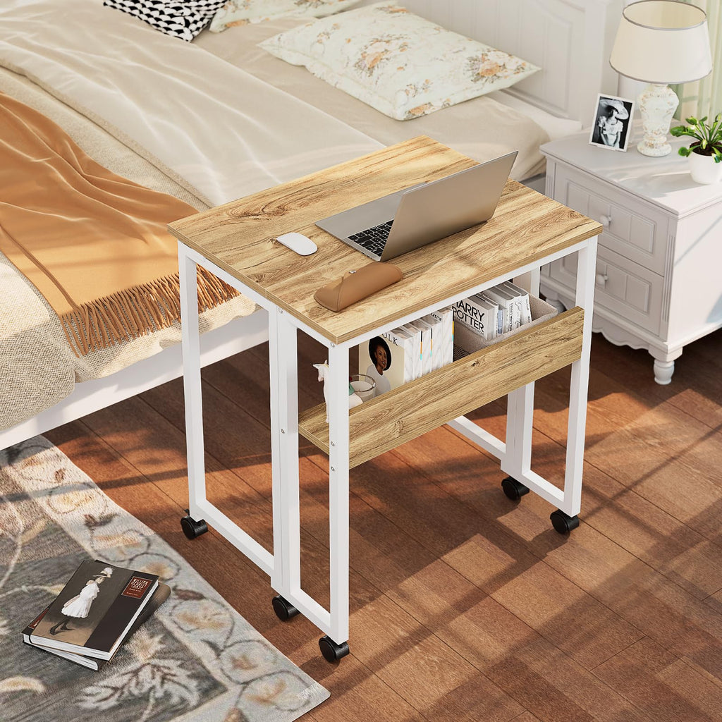 Folding Desk with Wheels, 24.8 Inch Compact Rolling Computer Table with Storage Shelf, Portable Mobile Workstation for Small Spaces, Easy Assembly, Oak