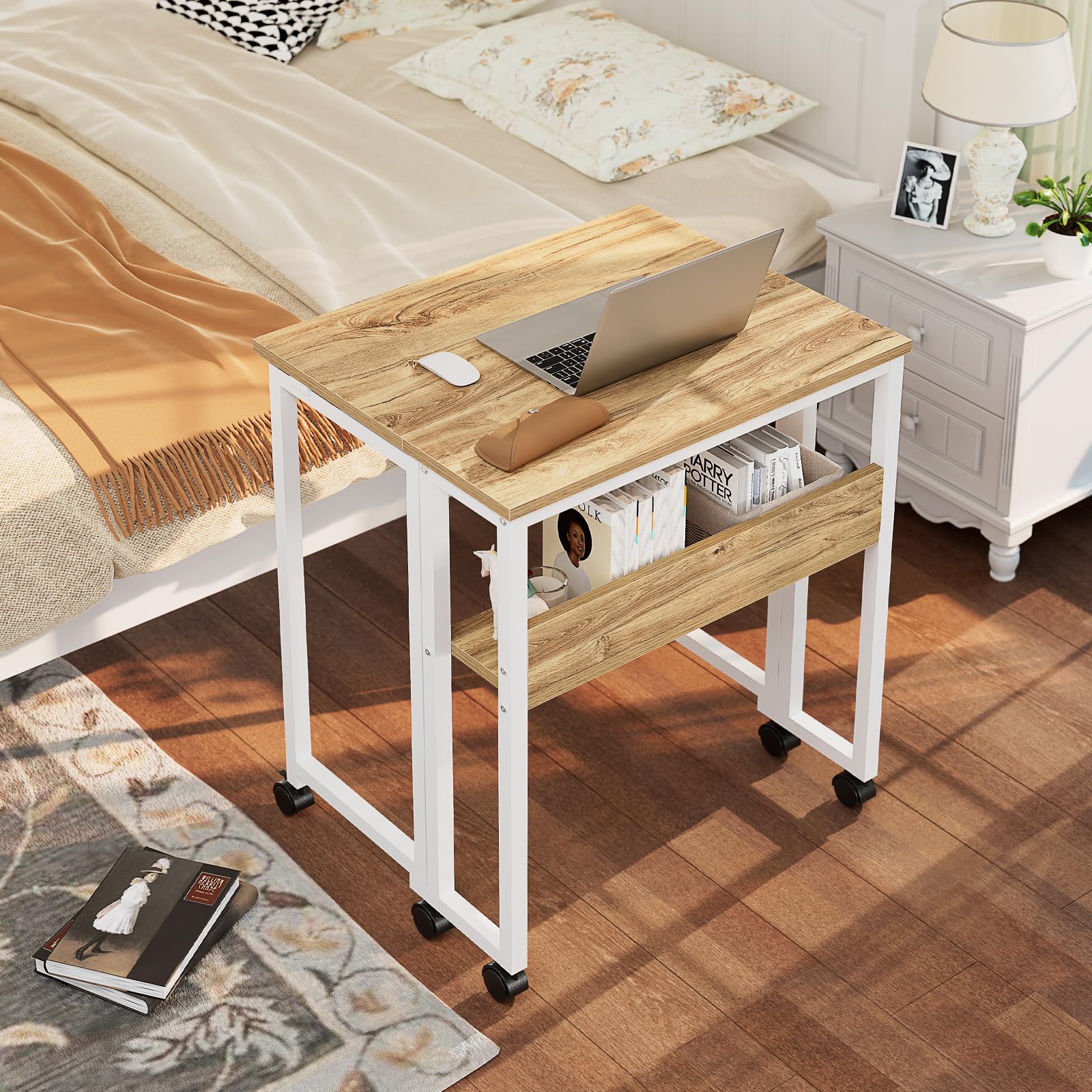 Folding Desk with Wheels, 31.5 Inch Compact Rolling Computer Table with Storage Shelf, Portable Mobile Workstation for Small Spaces, Easy Assembly, Oak