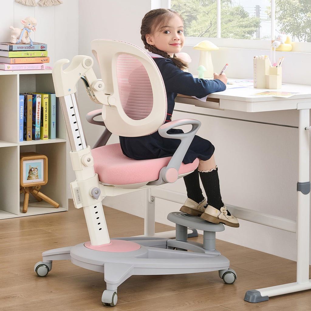 Ergonomic Kids Desk Chair with Footrest & Height-Adjustable Seat, Multifunctional for Study, Work & Dining – Comfy Cushion & Smooth Wheels for Boys & Girls （Pink）