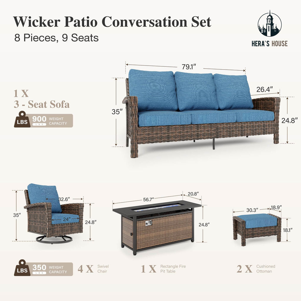 8-Piece Outdoor Furniture Set with Fire Pit Table, Patio Conversation Set with 5.5-Inch Thick Cushions & High Back Swivel Chairs, All-Weather Wicker Deep Seating Sofa with Ottomans, Blue