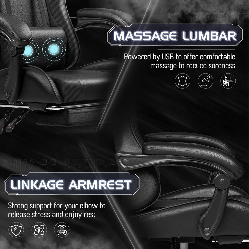 Gaming Chair, Video Game Chair with Footrest and Massage Lumbar Support, Ergonomic Computer Chair Height Adjustable with Swivel Seat and Headrest (Dark Black)