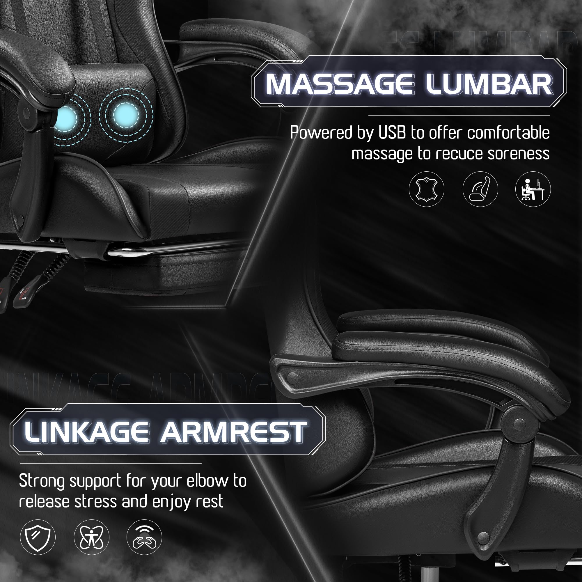 Gaming Chair, Video Game Chair with Footrest and Massage Lumbar Support, Ergonomic Computer Chair Height Adjustable with Swivel Seat and Headrest (Dark Black)