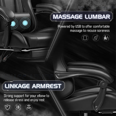 Gaming Chair, Video Game Chair with Footrest and Massage Lumbar Support, Ergonomic Computer Chair Height Adjustable with Swivel Seat and Headrest (Dark Black)