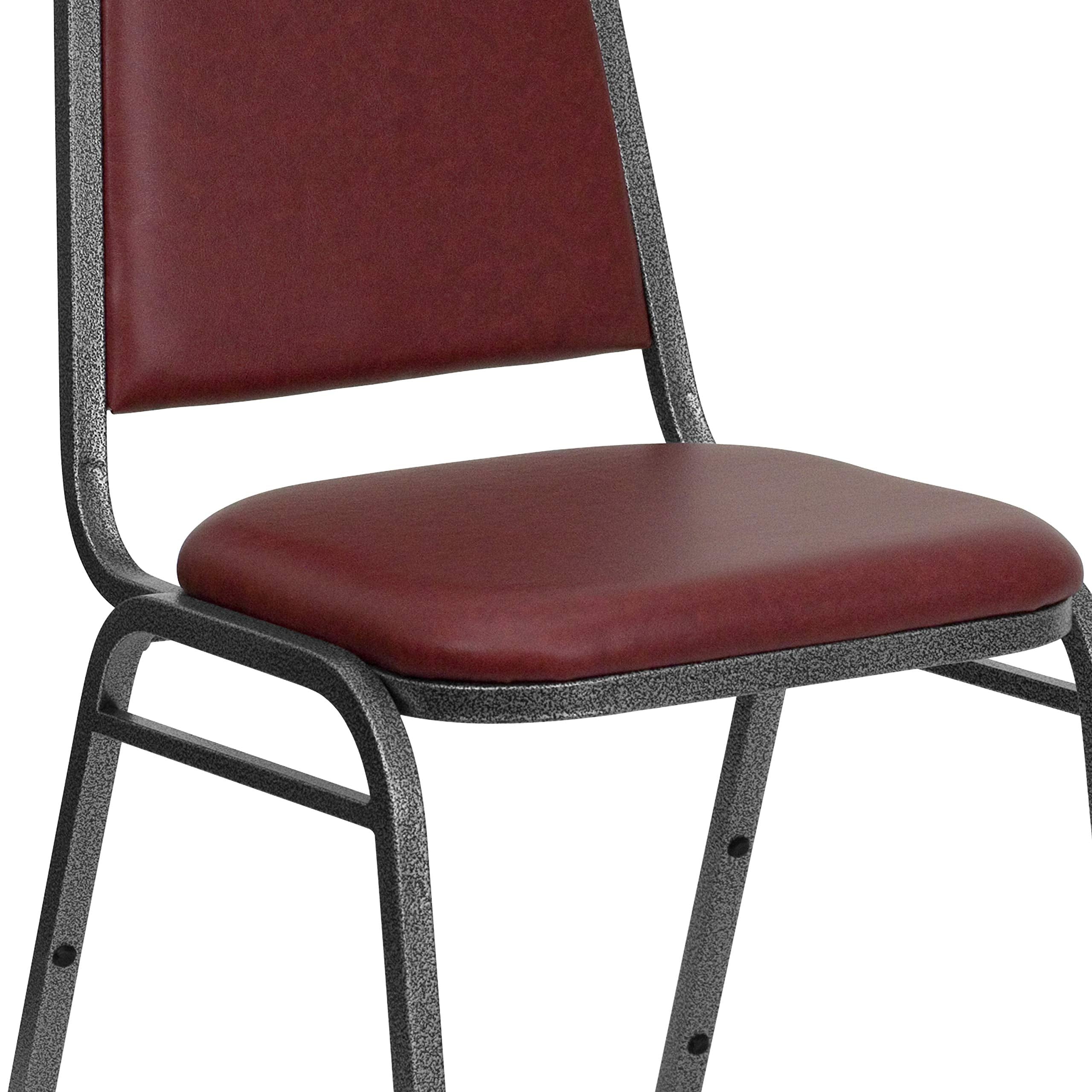 Trapezoidal Back Vinyl Stackable Banquet Chair, Multipurpose Stacking Chair with Padded Seat and Back, Burgundy/Silver