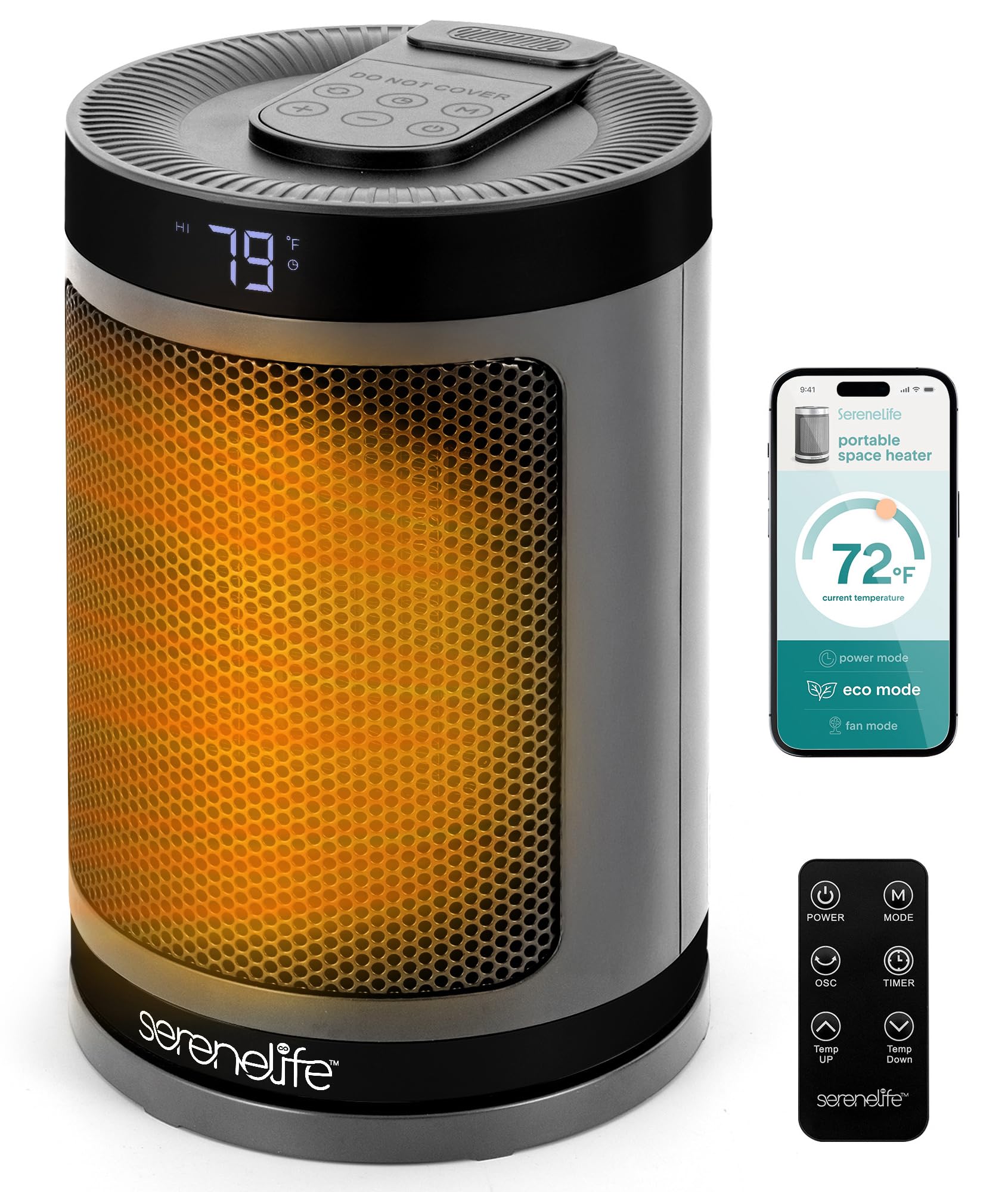 Smart Space Heater – 1500W Indoor Electric Heater with Thermostat, Remote Control, 12-Hour Timer, Wi-Fi Enabled PTC Ceramic Heating for Home and Office, Gray (5.9" x 5.9" x 9.5")