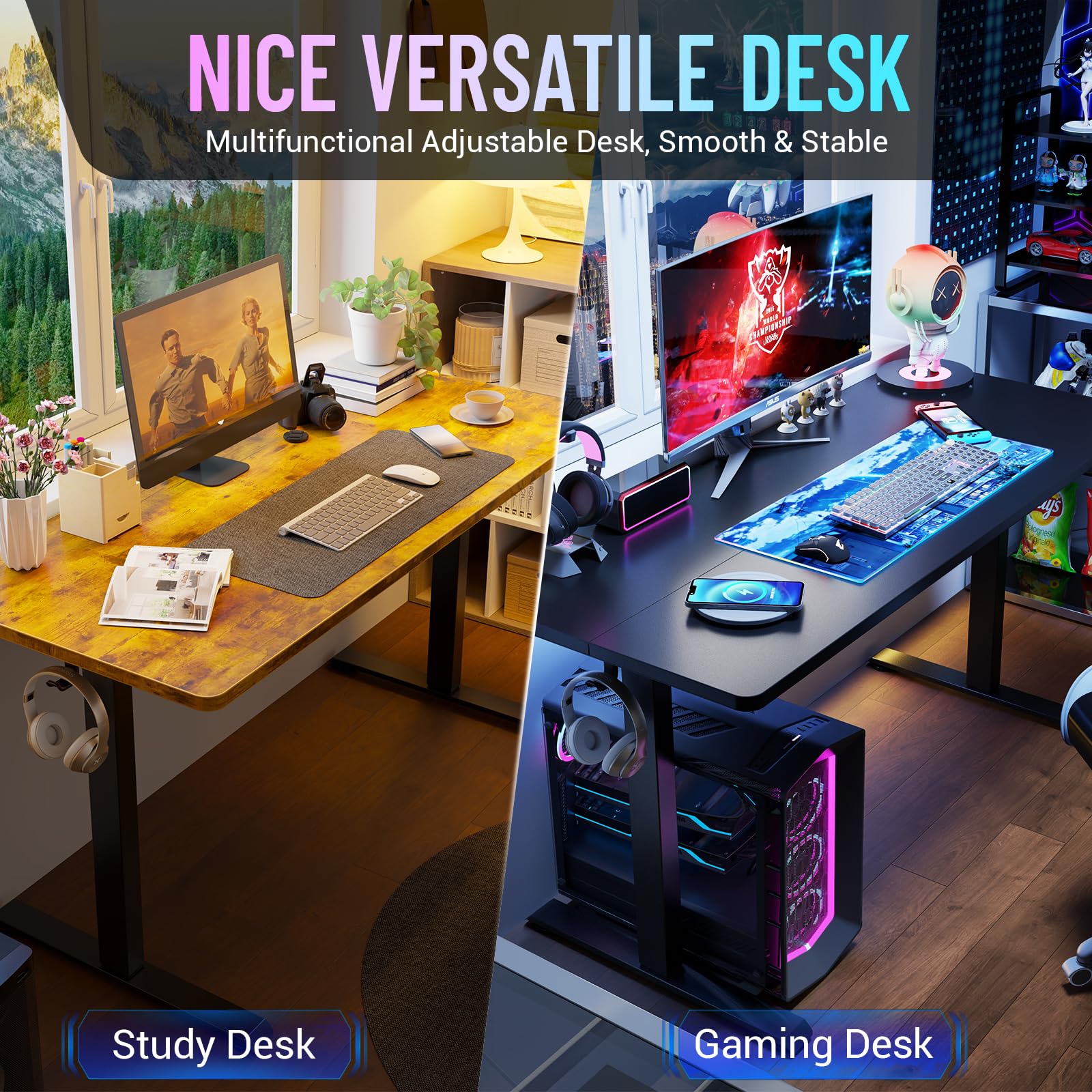 55 Inch Large Electric Standing Gaming Desk, Heights Adjustable,Sit to Stand Up, Work Home Office Computer Table for Study, Walking Pad, Writing, and Games, Wooden Desktop Desks, Black