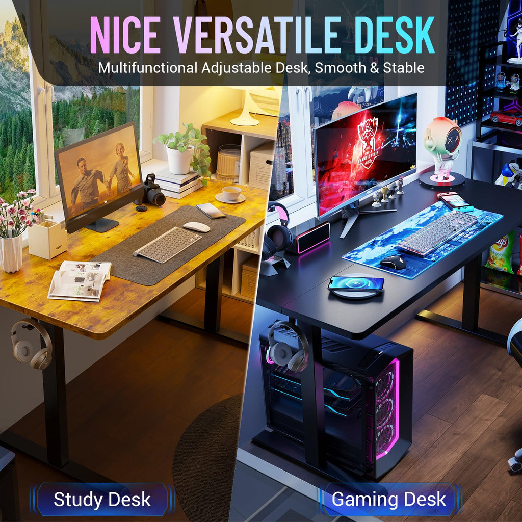55 Inch Large Electric Standing Gaming Desk, Heights Adjustable,Sit to Stand Up, Work Home Office Computer Table for Study, Walking Pad, Writing, and Games, Wooden Desktop Desks, Black