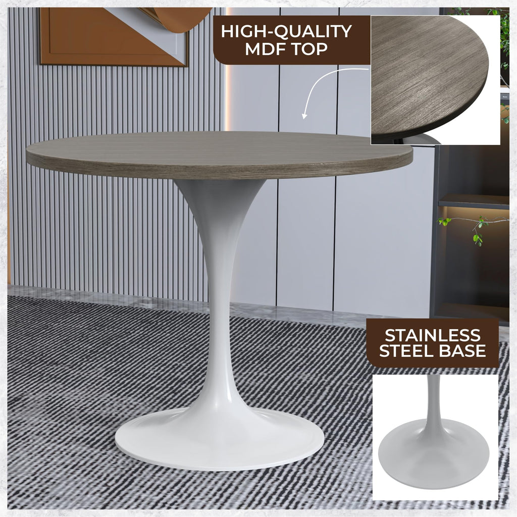 Mid-Century Modern 36 Inch Round Dining Table, MDF Wood Tabletop with White Steel Pedestal Base, Contemporary Kitchen & Dining Room Table, for Small Spaces (Dark Maple)