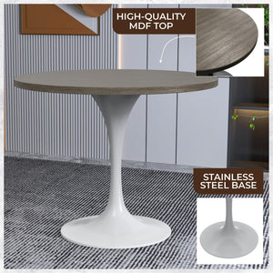 Mid-Century Modern 36 Inch Round Dining Table, MDF Wood Tabletop with White Steel Pedestal Base, Contemporary Kitchen & Dining Room Table, for Small Spaces (Dark Maple)