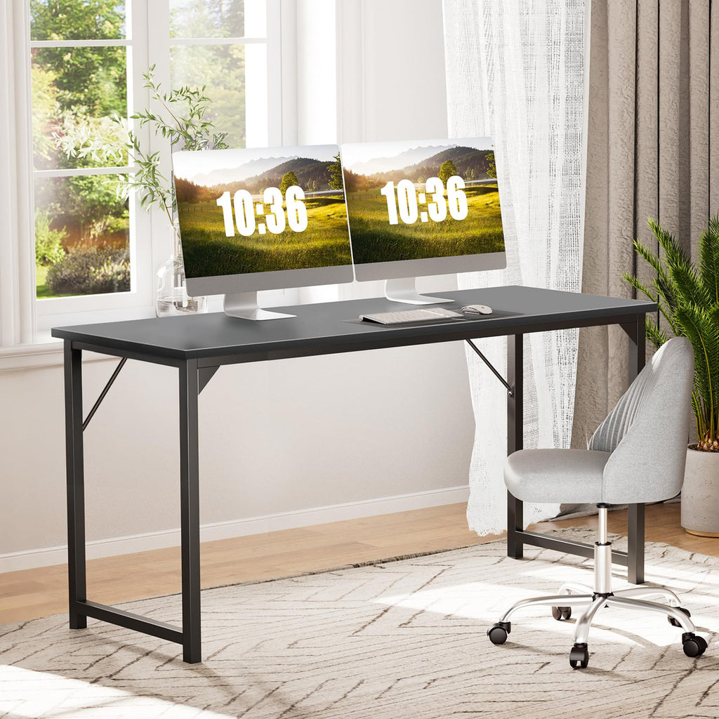 Small Computer Office Desk 63 Inch Student Study Writing Work with Metal Frame Wood Tabletop Modern Simple Home Bedroom PC Table Durable and Easy Assembly, Black