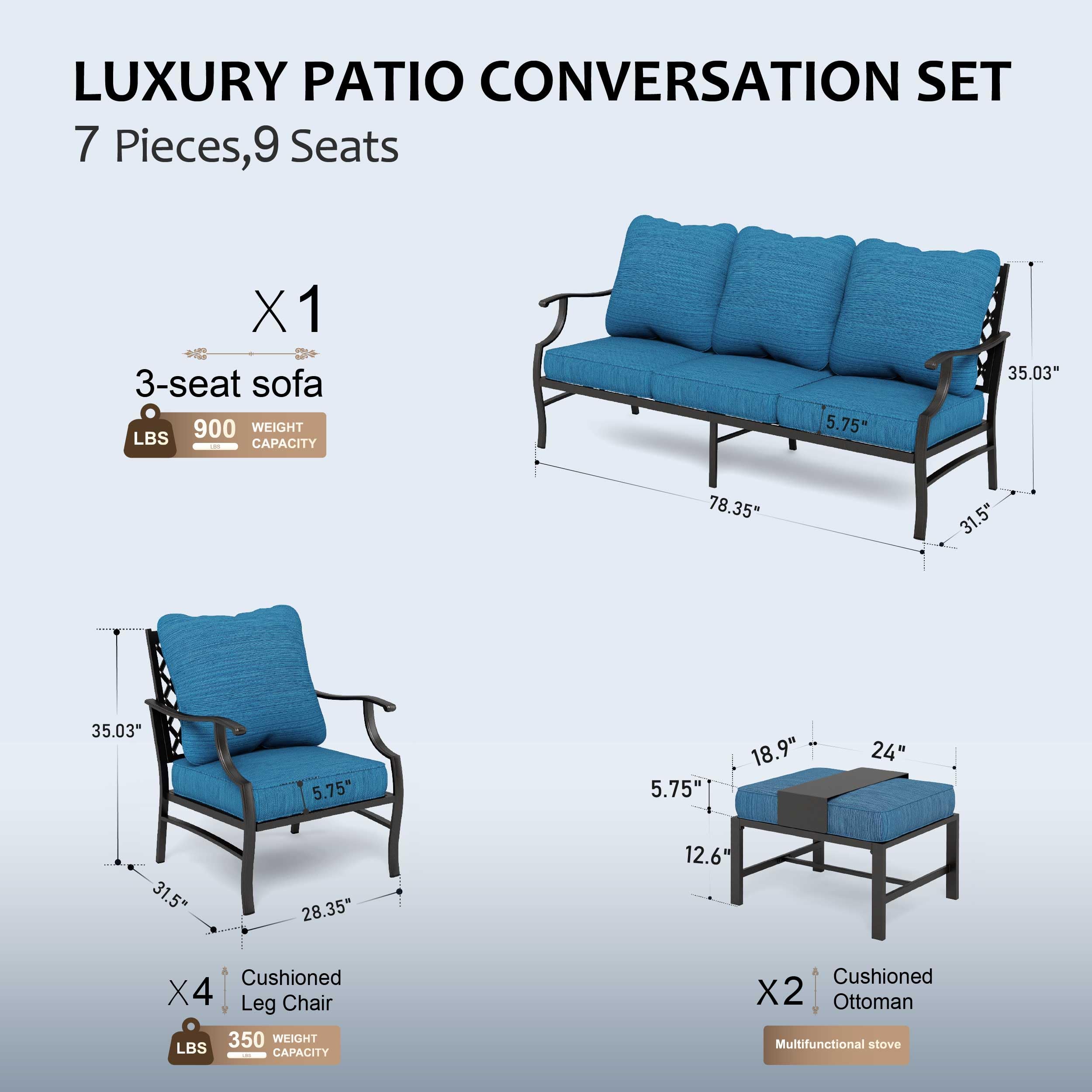7 Piece Patio Furniture Set, 4 x Leg Chair, 2 x Cushioned Ottoman, 1 x 3-Seat Sofa, All Cushioned 9 Seats Metal Outdoor Conversation Set for Lawn Garden Backyard