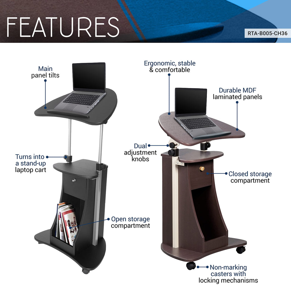 Sit-to-Stand Rolling Adjustable Storage Medical Laptop Computer Cart, Chocolate, B005