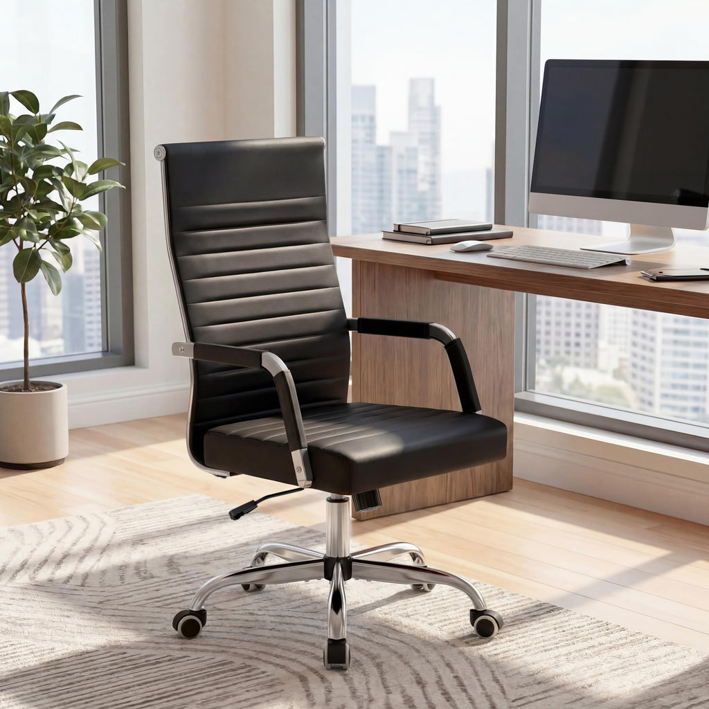 Ergonomic Office Desk Chair, Executive Ribbed Mid-Back PU Leather Conference Room Chair Adjustable Swivel Chair with Arms (1, Black)