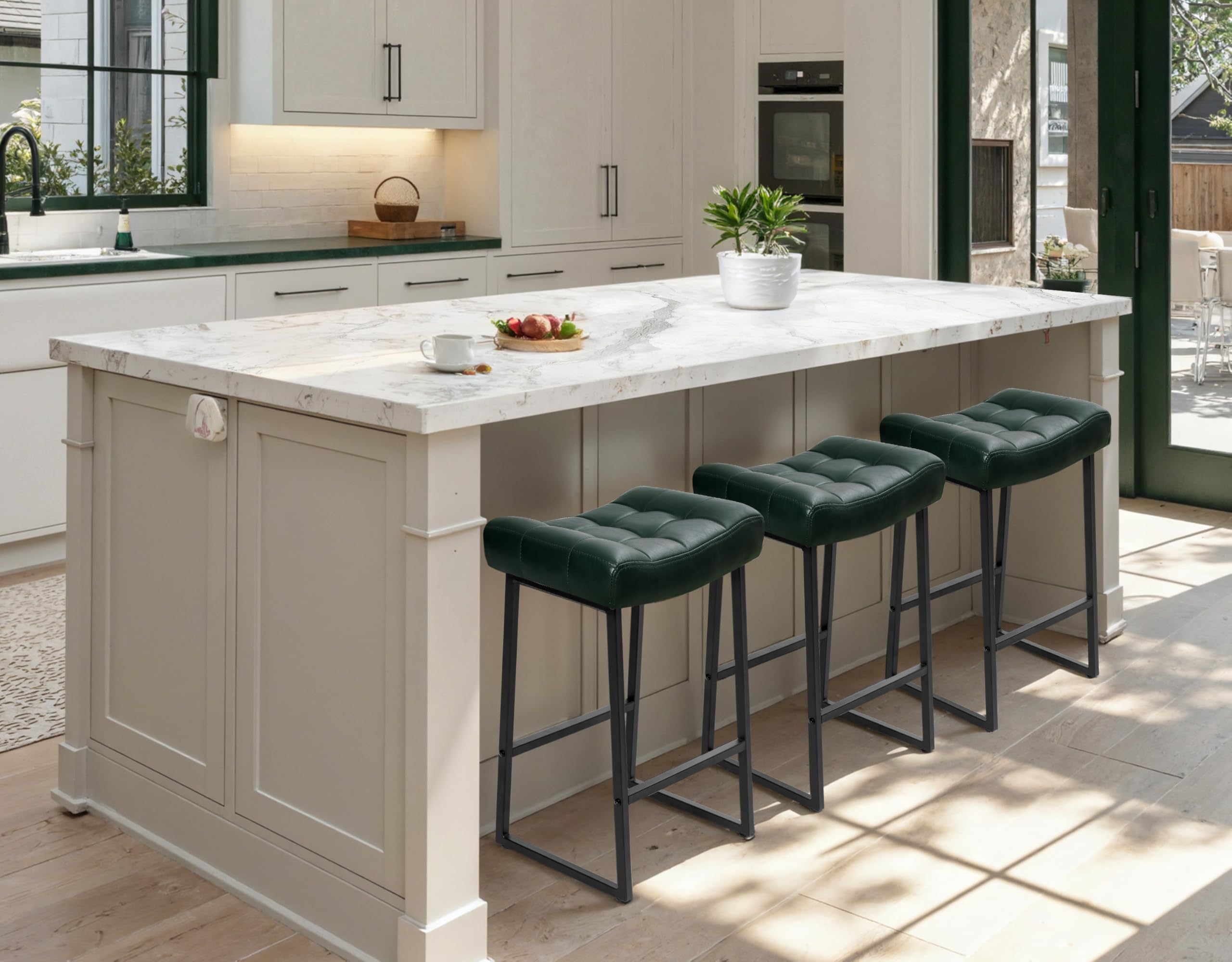 Modern Bar Stools Set of 6 for Kitchen Counter 24 inch Counter Height Backless Barstools with Upholstered Faux Leather Saddle Seat and Metal Frame Industrial Bar Chairs, Dark Green