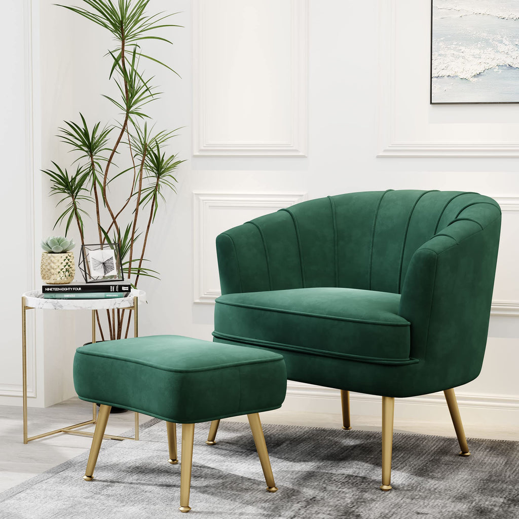 Velvet Accent Chair with Ottoman, Upholstered Modern Single Sofa Side Chair,Comfy Barrel Club Living Room Armchair with Golden Metal Legs for Bedroom Living Reading Room Office, Green