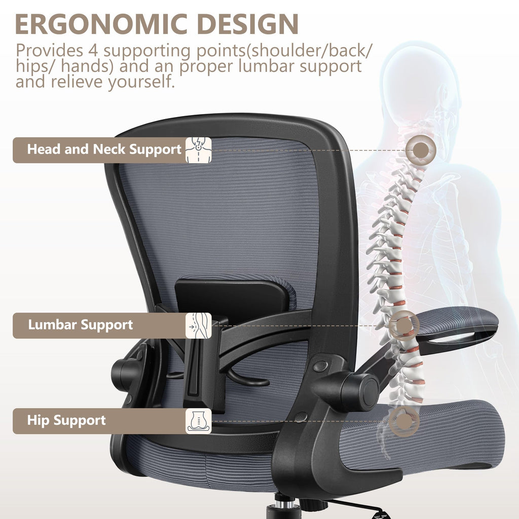 Office Chair, Ergonomic Desk Chair Breathable Mesh Chairs Adjustable High Back Lumbar Support Flip-up Armrests, Executive Rolling Swivel Comfy Computer Chairs Home Office Slate Gray