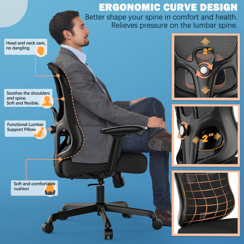 Ergonomic Office Chair,Home Desk Chair with Mesh Back,Adjustable Lumbar Support,Built-in Springs Wide Seat,Executive Task Chair with 3-D Big Armrests,Tilt Function,Computer Desk Chair