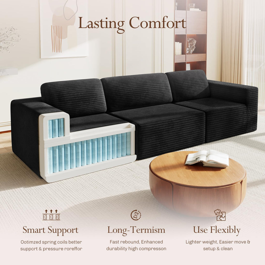 119" Modular Sectional Sofa, Corduroy Cloud Couch with Deep Seating & Spring Support, 3 Seater Flexible Layout Sofa, Boneless Couch for Living Room & Apartment, No Assembly Required, Black