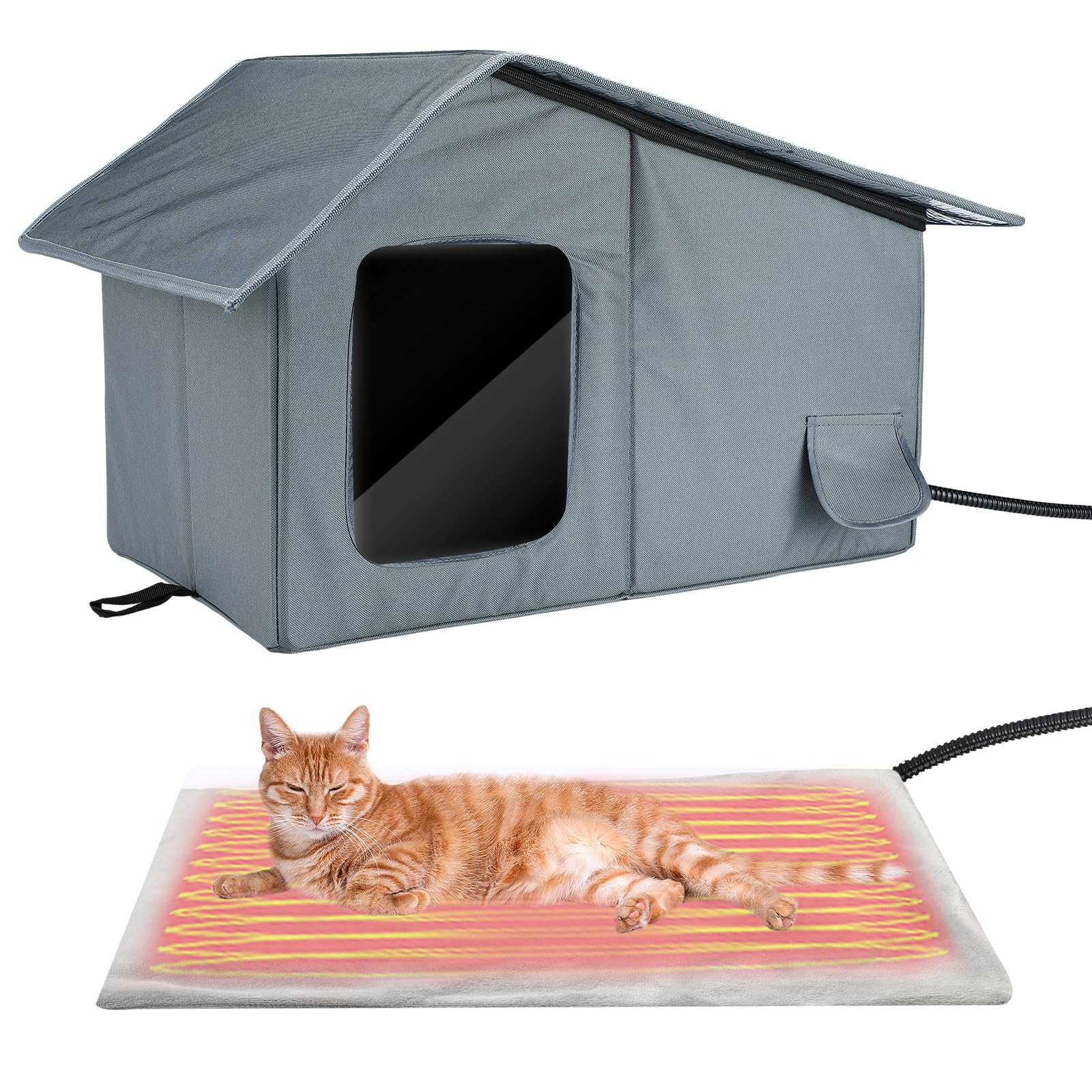 Weatherproof Heated Cat Houses for Outdoor Cats - Insulated Cat Shelter for Winter with Thermostatic Heating Pad and Escape Door, Warm Outside Pet House Gift for 1 Feral Cats (Small)