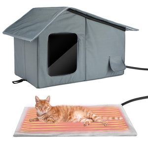 Weatherproof Heated Cat Houses for Outdoor Cats - Insulated Cat Shelter for Winter with Thermostatic Heating Pad and Escape Door, Warm Outside Pet House Gift for 1 Feral Cats (Small)