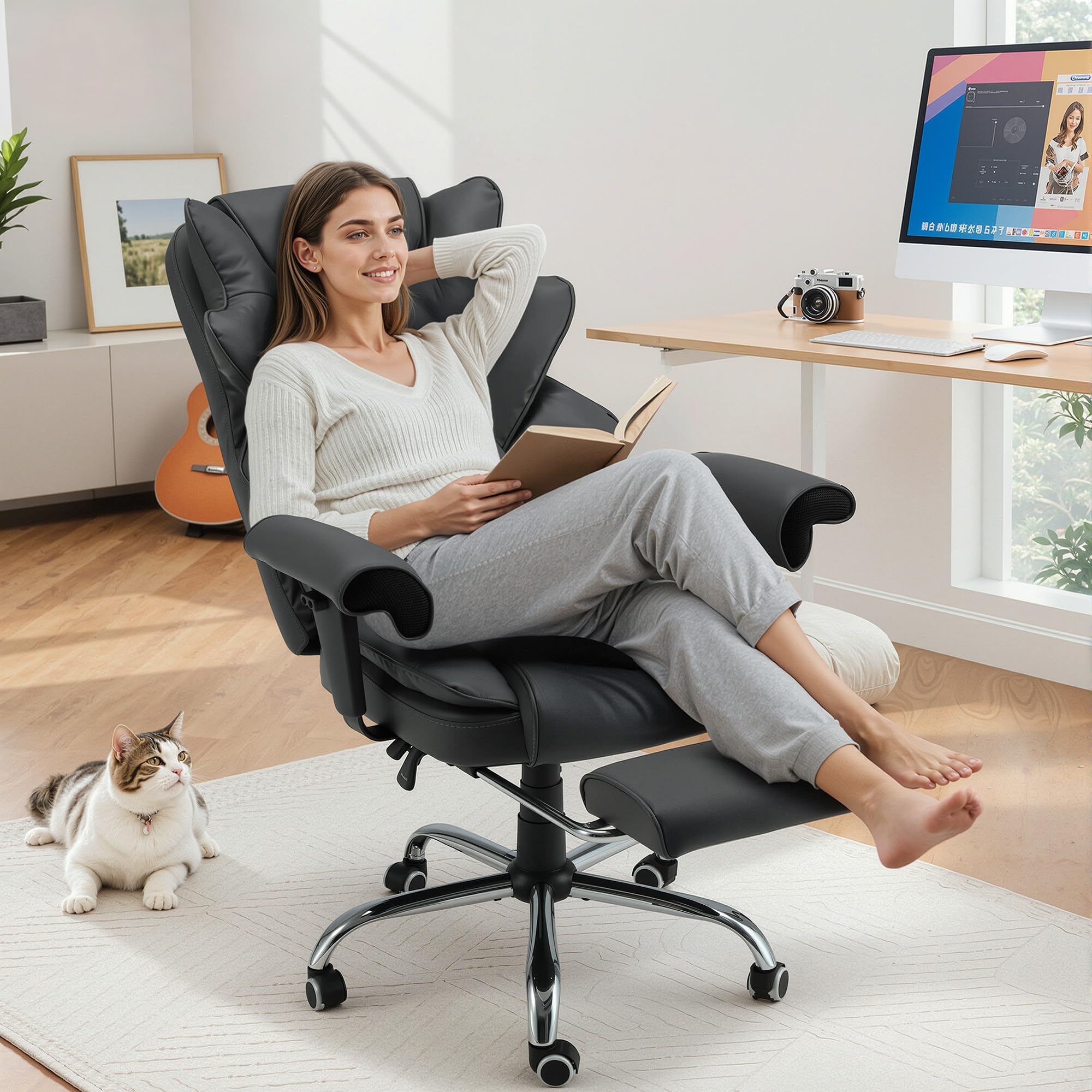 Ergonomic Executive Office Chair with 6-Point Vibration & Heat - Reclining Managerial Chair with Adjustable Footrest and Armrests,Big and Tall Leather Home Office Desk Chairs(Black)