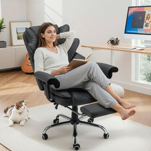 Ergonomic Executive Office Chair with 6-Point Vibration & Heat - Reclining Managerial Chair with Adjustable Footrest and Armrests,Big and Tall Leather Home Office Desk Chairs(Black)