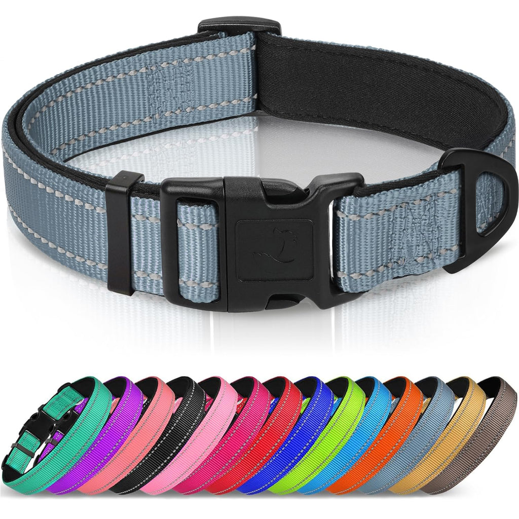 Reflective Dog Collar, Soft Neoprene Padded, Metal D-Ring, Nylon Pet Collar Adjustable for Small Dogs, Gray, S