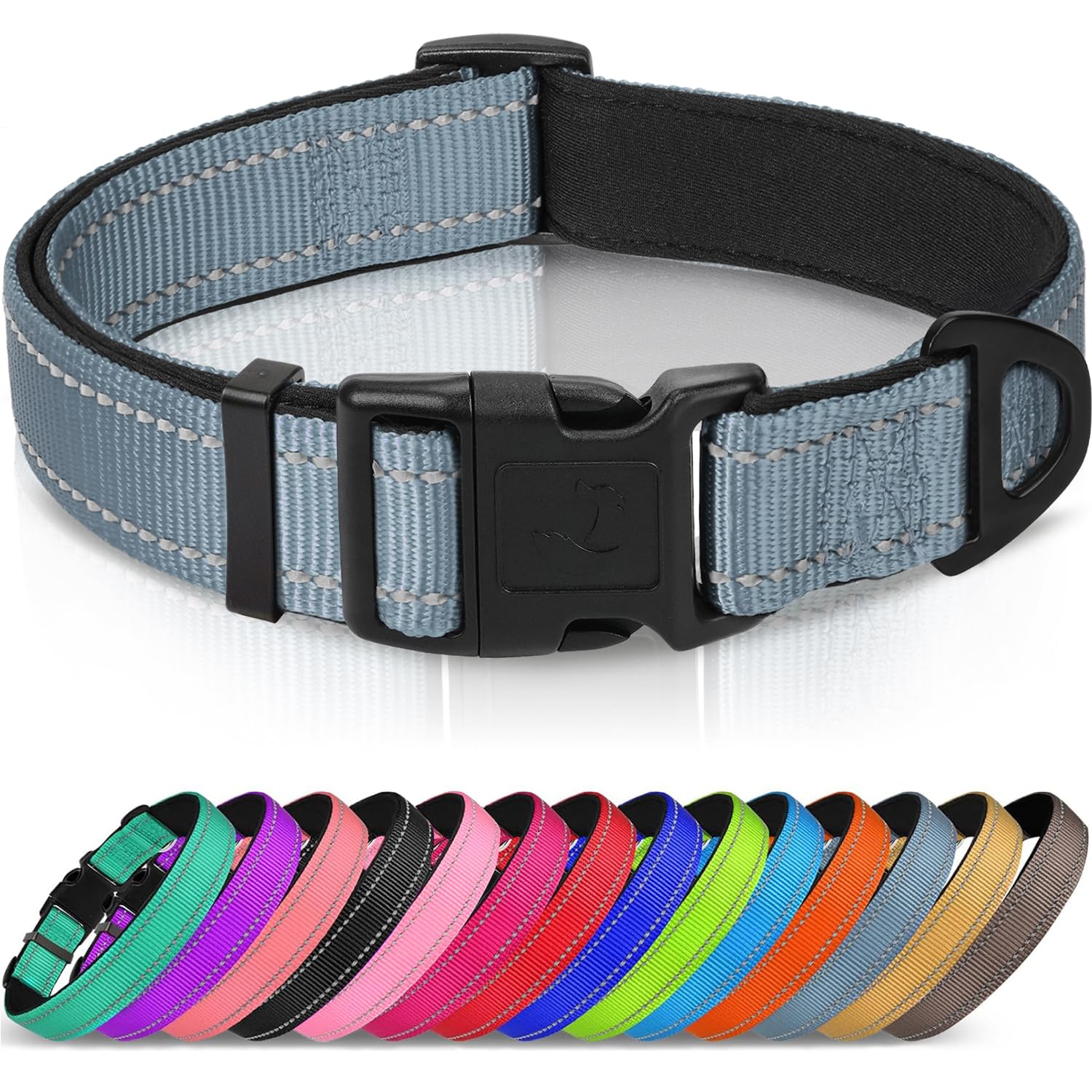 Reflective Dog Collar, Soft Neoprene Padded, Metal D-Ring, Nylon Pet Collar Adjustable for Small Dogs, Gray, S