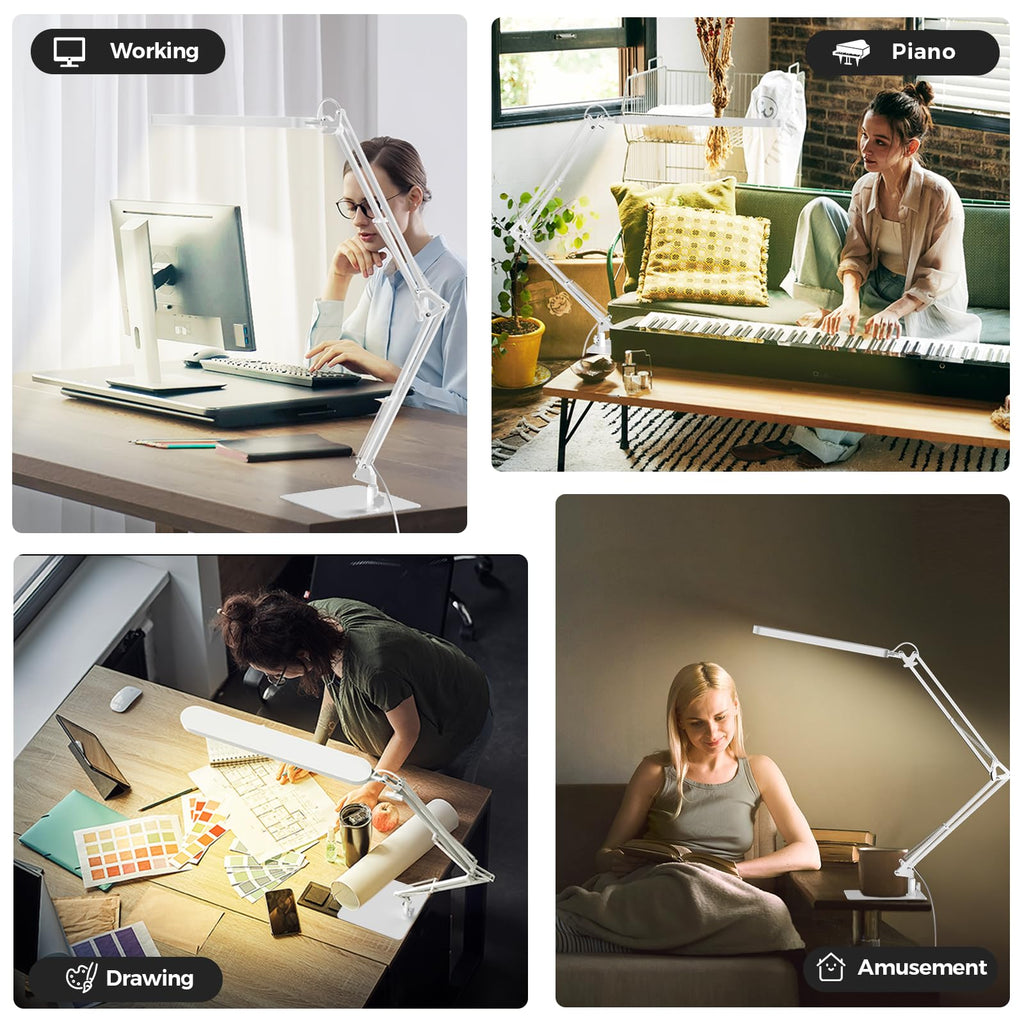 LED Desk Lamp with Slim Base - Adjustable Swing Arm Desk Light, Dimmable, Timer, Eye Protection, Memory Function, 1300LM, 12W, White