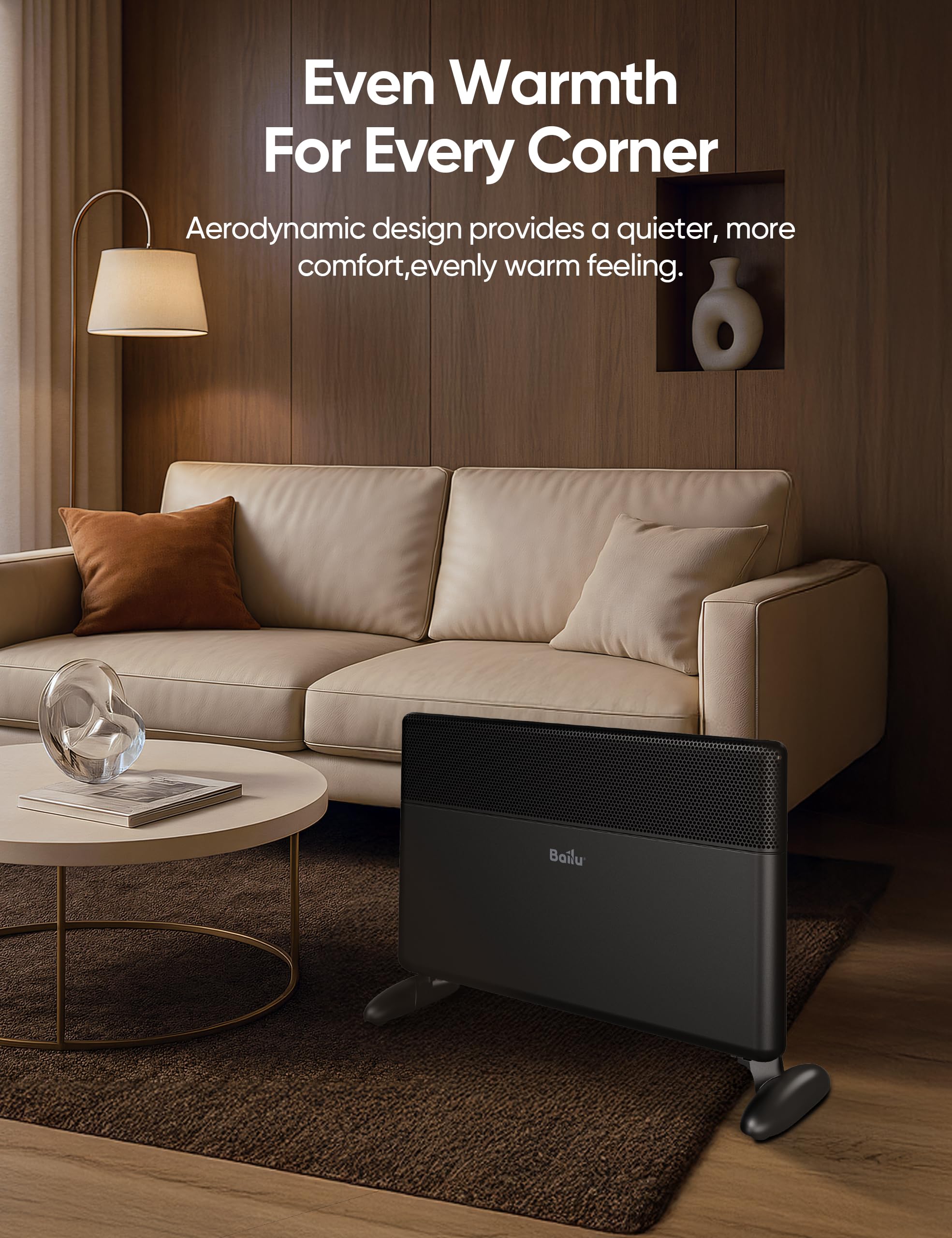 Convection Panel Heater,1500W Space Heater for Large Room Indoor use with Programmable Thermostat,WiFi App Control,Smart Quiet,Works with Alexa,Black