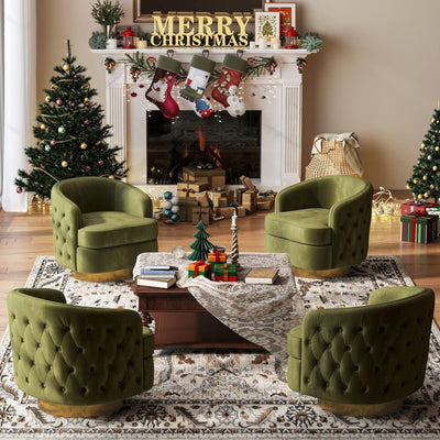 Modern Accent Chair, Swivel Barrel Armchair for Living Room, Button Tufted Velvet Comfy Chairs, Round Upholstered Single Sofa Seating with Gold Base, Green