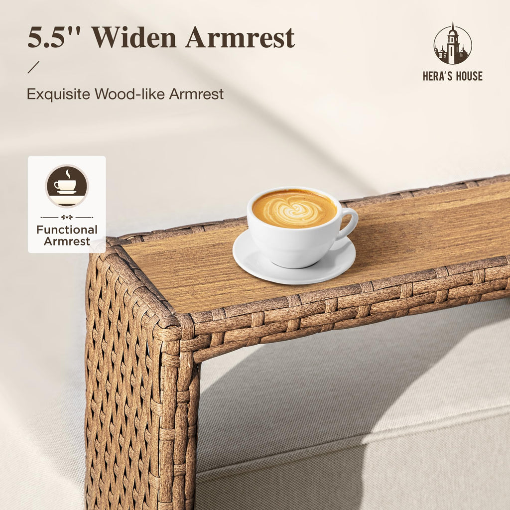 5 Pieces Outdoor Sectional Wicker Furniture Set, Patio Conversation Set,2 Pieces All Weather Rattan Sofas with 5.3" Widened Armrest 10" Ultra Thick Cushion, 2 Swivel Armchairs, 1 Table