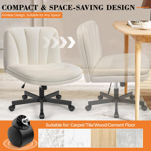 Criss Cross Chair with Wheels, Cross Legged Office Chair, Armless Wide Vanity Desk Chair with Comfty PU Leather & Back - Swivel Height Ajustable for Home Office Bedroom, Pearl White