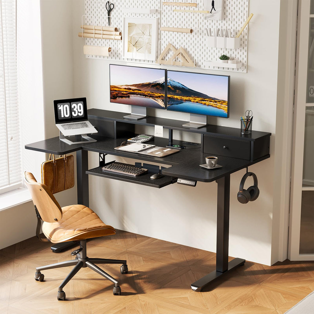 U Shaped Electric Standing Desk with Drawers, 55 Inch Height Adjustable Desk with Keyboard Tray ＆ Ergonomic Monitor Stand, Sit Stand Table with Power Outlets for Home, Office, Black