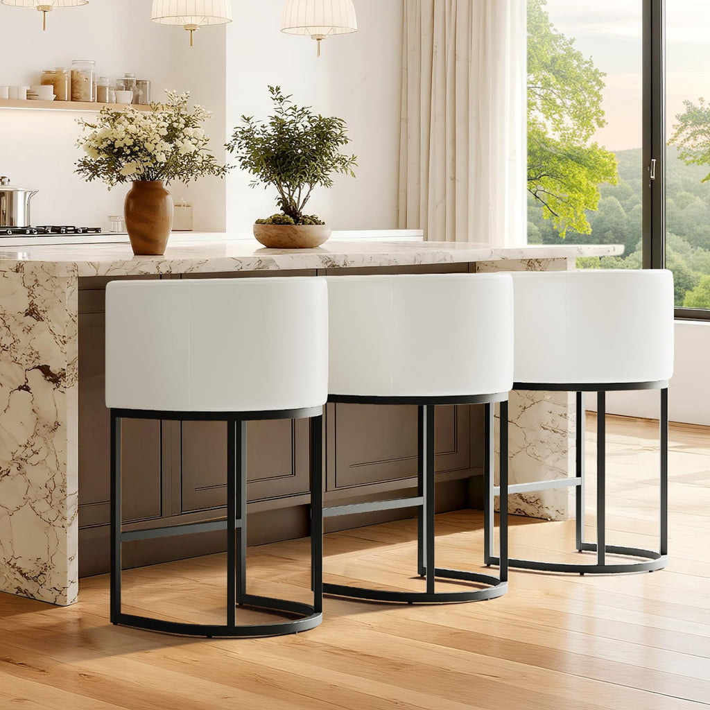 Modern Counter Height Bar Stools,Bar Stools Set of 3,PU Leather Upholstered Barrel Barstools with Backs,26'' Kitchen Island Chairs,Metal Black Frames,Beige White Leather