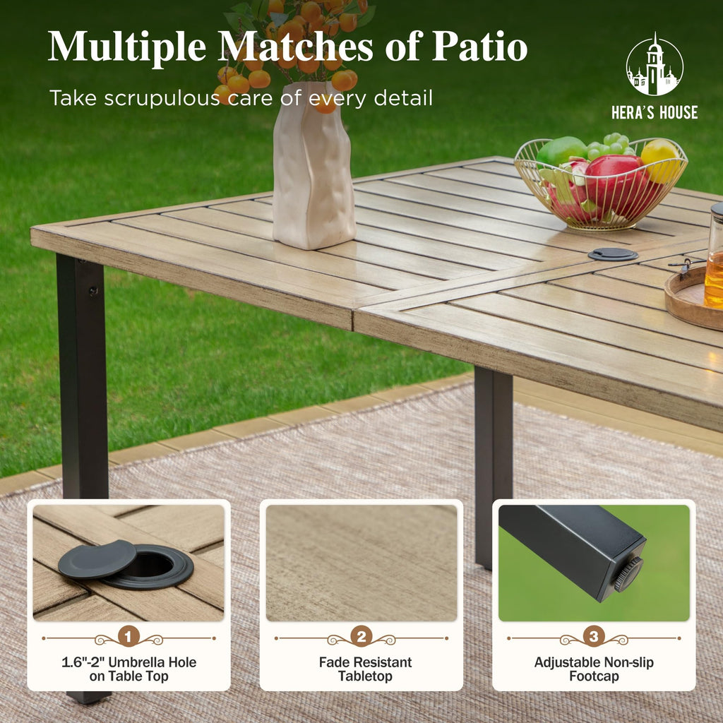 Patio Table and Chairs for 6, 7 Pieces Outdoor Deck Dining Sets, Wood-Like Rectangular Metal Table Set with Chairs for Lawn Garden Backyard, Brown