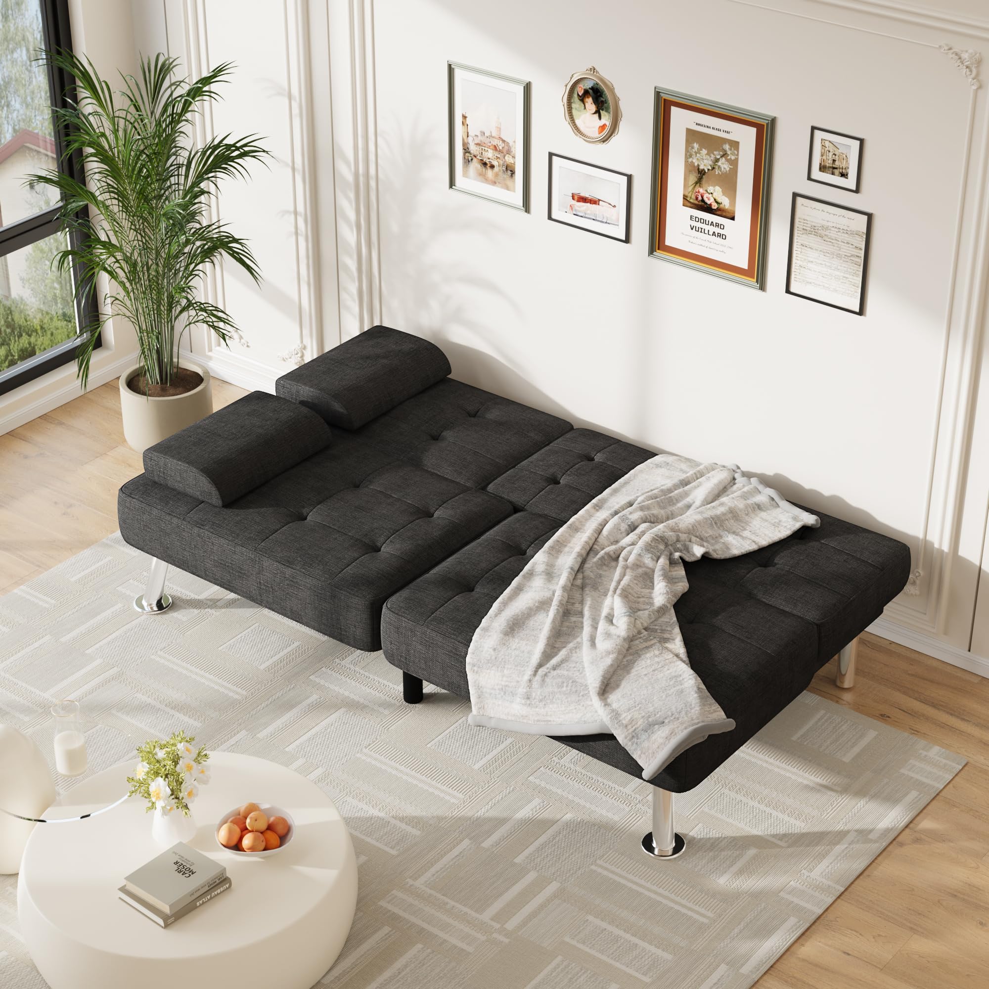 Sofa Bed Adjustable Futon Couch Sleeper Sofa Bed for Living Room, Business Office, Recliner Sofas with Cup Holders (Fabric, Black)