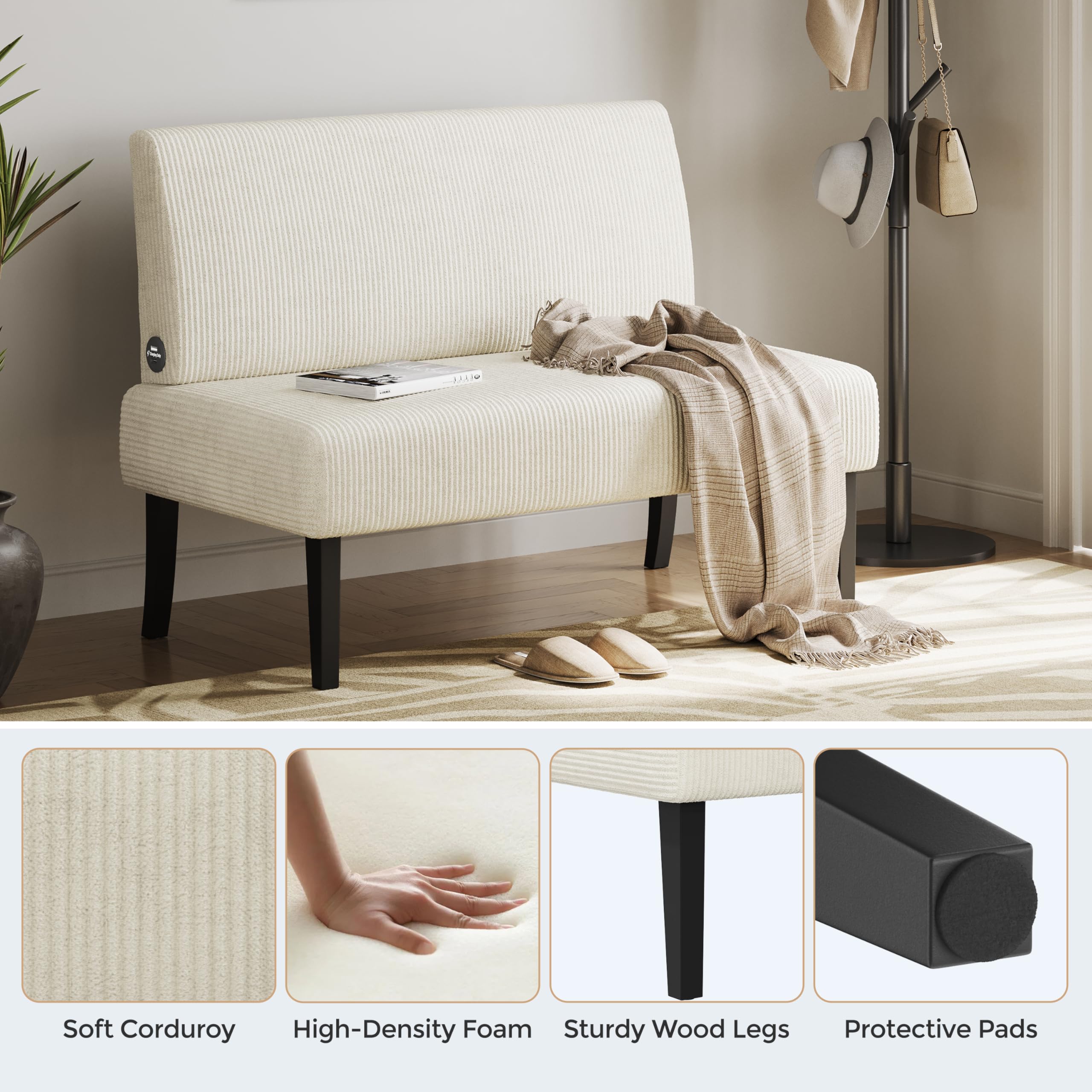 Small Mini Sofa Couch Armless Loveseat Futon for Bedroom, Corduroy Fabric & Easy Assembly, for Small Spaces Living Room,Dorm,Office,Apartment, Beige