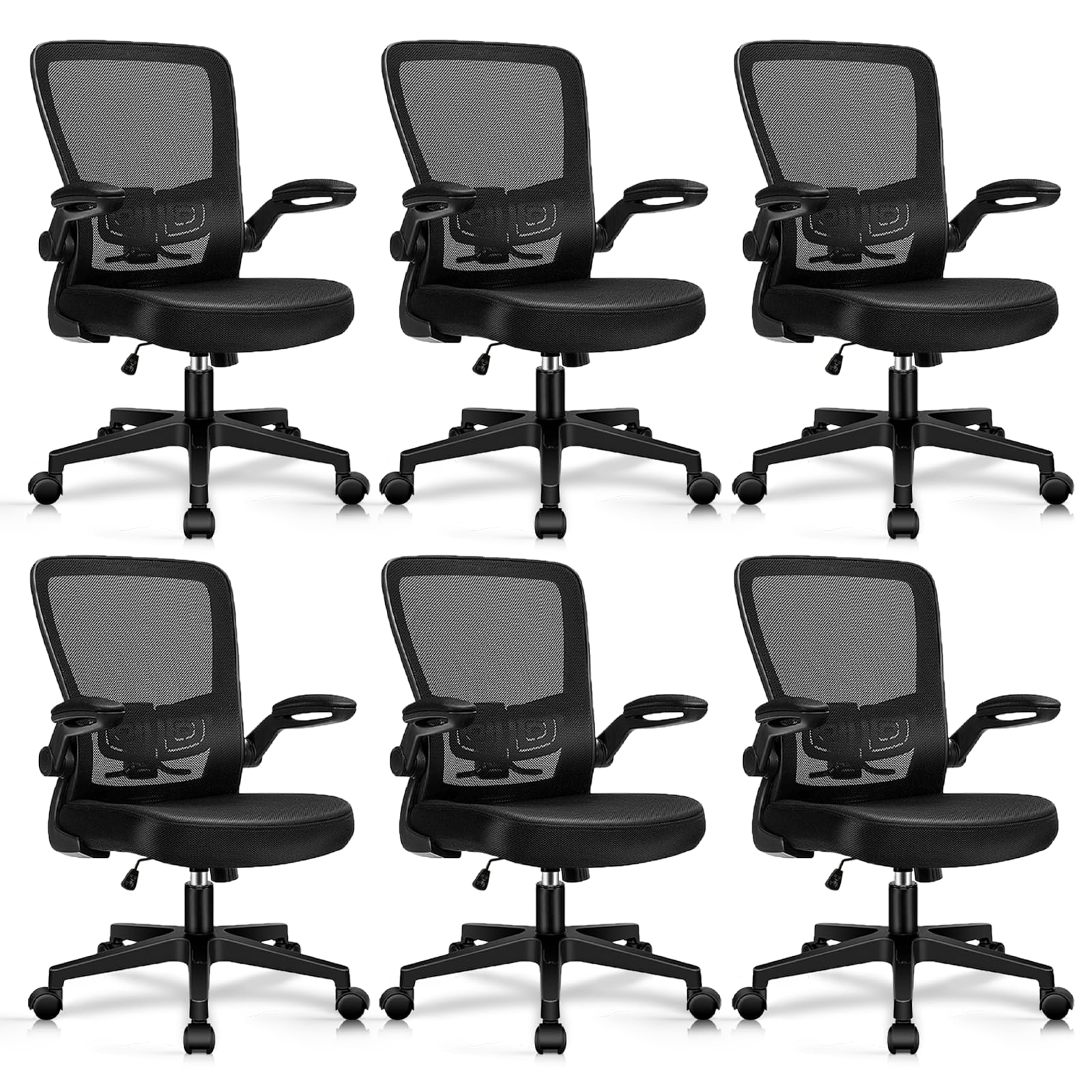 Desk Chairs with Wheels, Ergonomic Mesh Office Chair Adjustable Height and Swivel Lumbar Support Home Office Chair with Flip Up Armrests, Set of 6