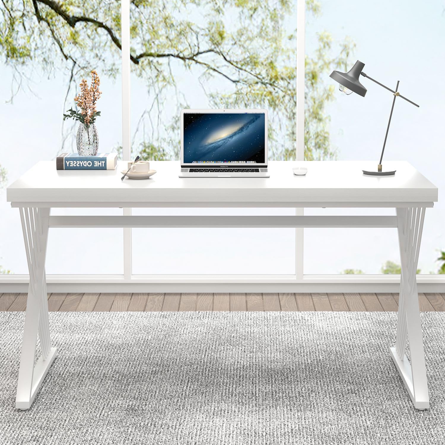 Modern White Desk, Rustic Wood and Metal Computer Desk for Home Office, Simple Writing Work PC Desks for Bedroom, Industrial Study Gaming Table for Living Room, White, 53 Inch